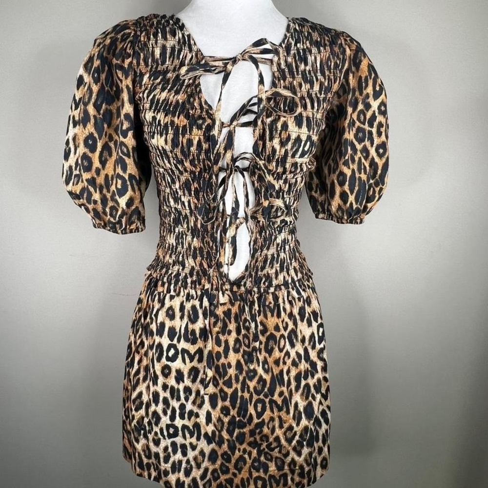 Damson Madder organic cotton leopard mini dress tie front/back puff sleeve